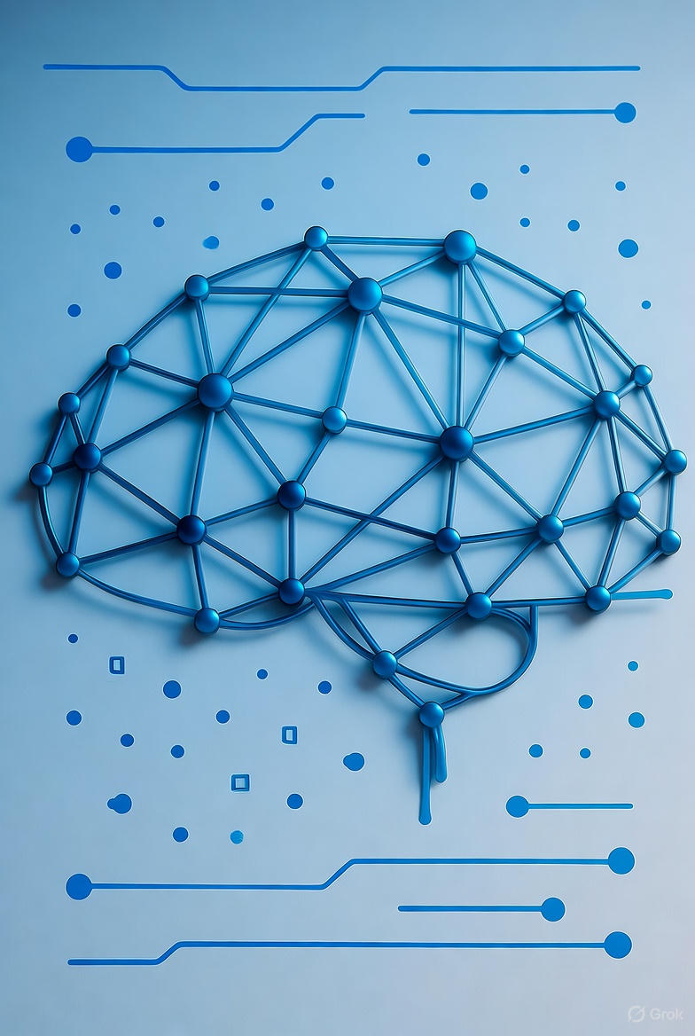 Professional illustration of AI services in business context with blue data flows